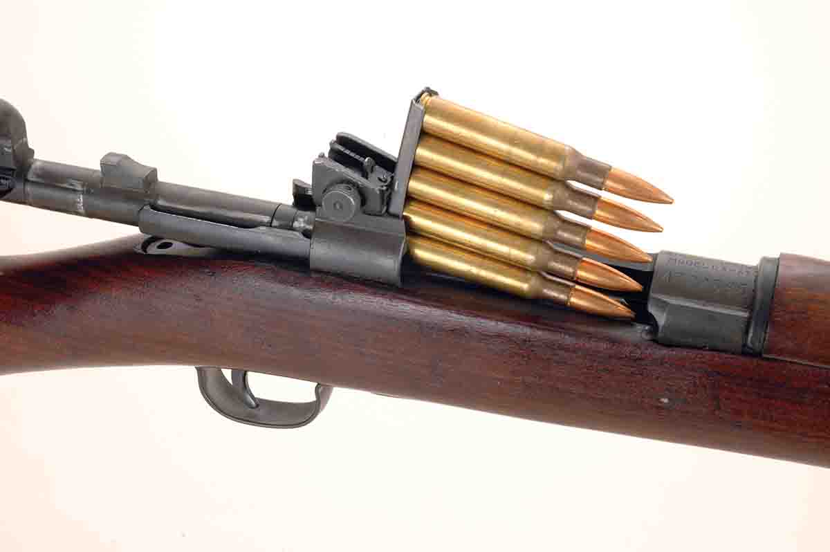 Model 1903 and Model 1903A3 Springfields loaded from the top by means of five-round stripper clips.